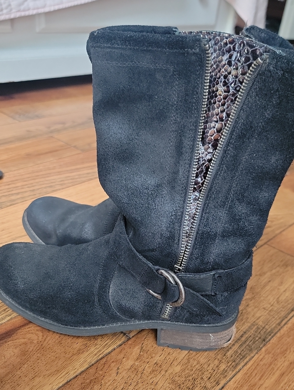 Black Suede Mid-Calf Zip Boots with Buckle Detail